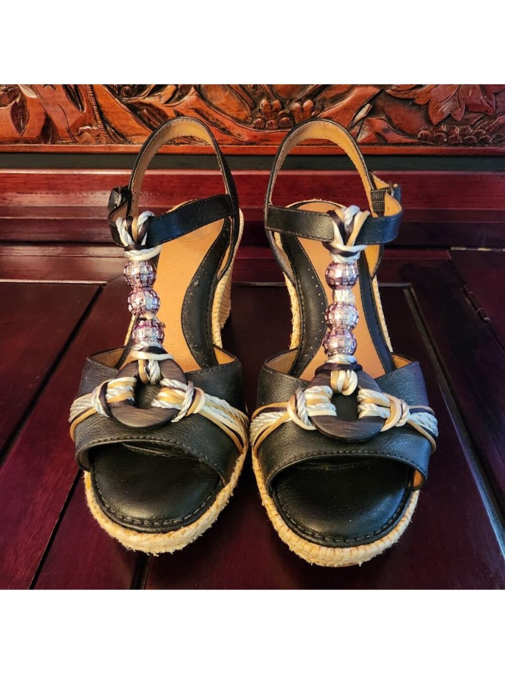 Nurture Black Beaded Leather T-Strap Wedge Sandals with Braided Rope Detail